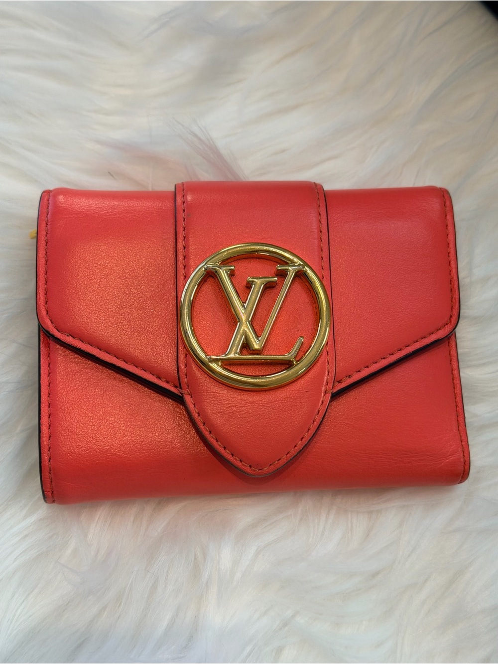 Louis Vuitton Coral Leather Wallet with Gold LV Medallion✨